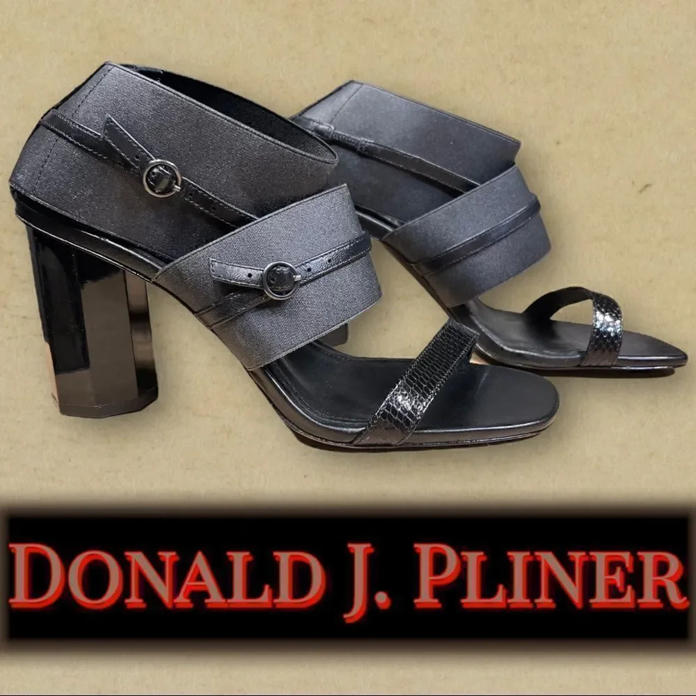 DONALD J. PLINER 8.5 shoes sandals black leather elastic heels designer ankle.